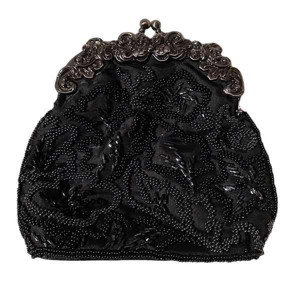 Fellini Carlo Fellini Handbags - Vintage Carlo Fellini Black Beaded Clutch Purse Silver Closure Holiday Evening